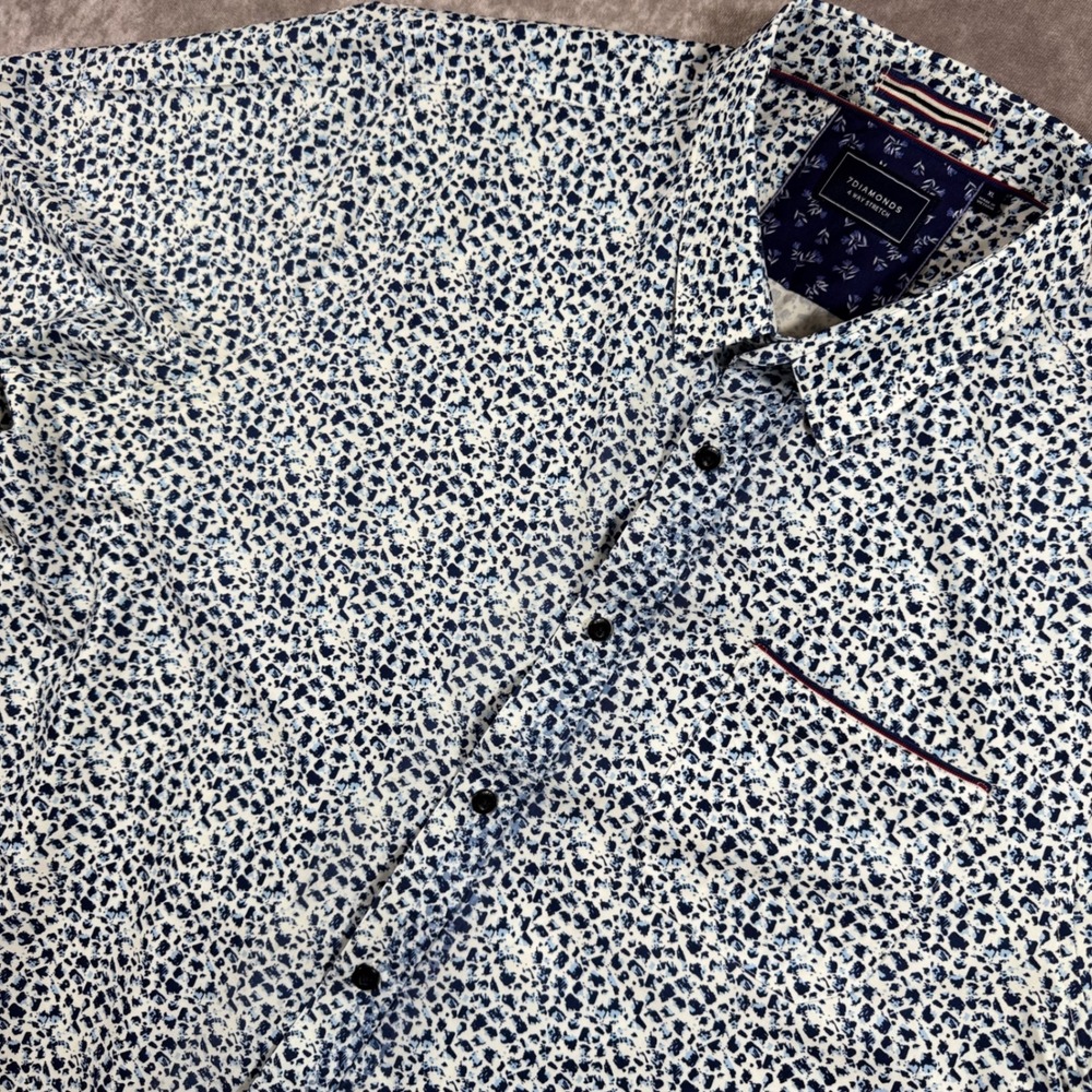7Diamonds Brushstroke 4-Way Stretch Shirt Mens XL Blue White Short Sleeve Shirt